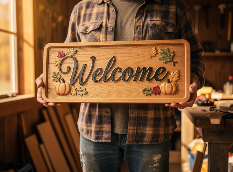 Hobbyist craftsman holding a finished CNC routed and painted wooden welcome sign for the porch