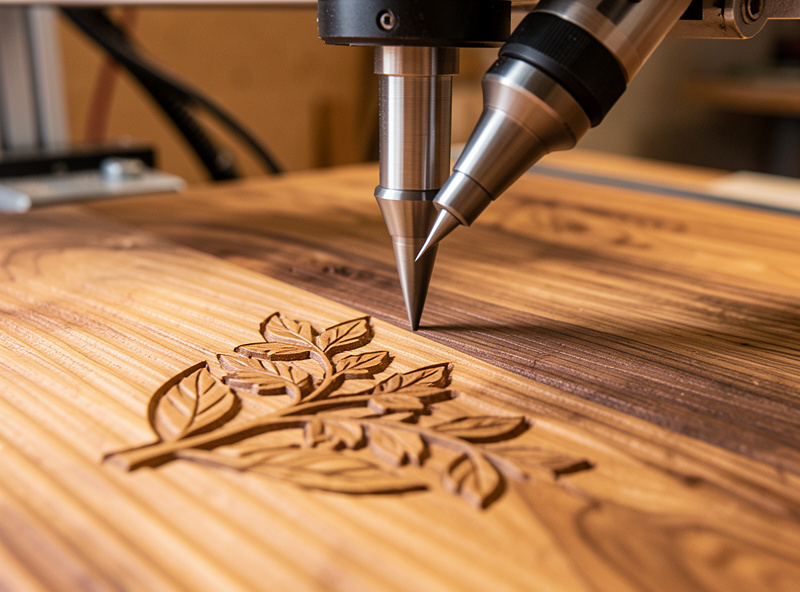Tapered ball-nose end mill running a 3D relief finishing pass across a walnut panel, fine scallop lines visible