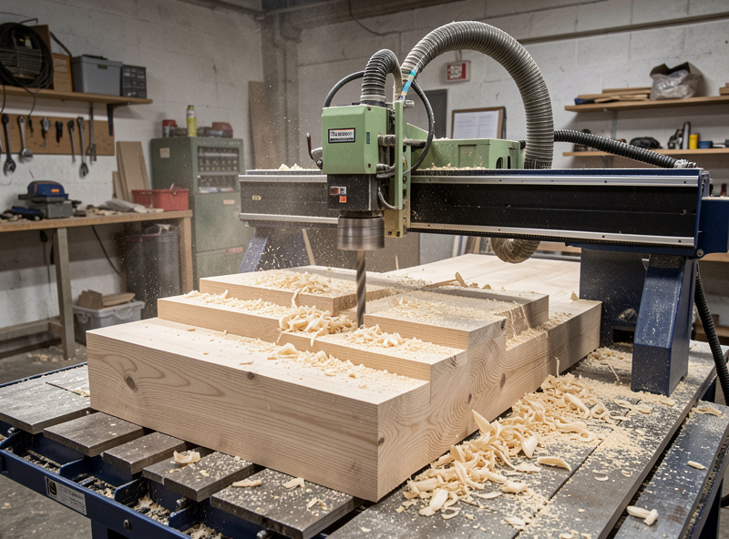 Desktop CNC router mid roughing pass on a hardwood blank, clearing waste in stepped terraces with a dust boot
