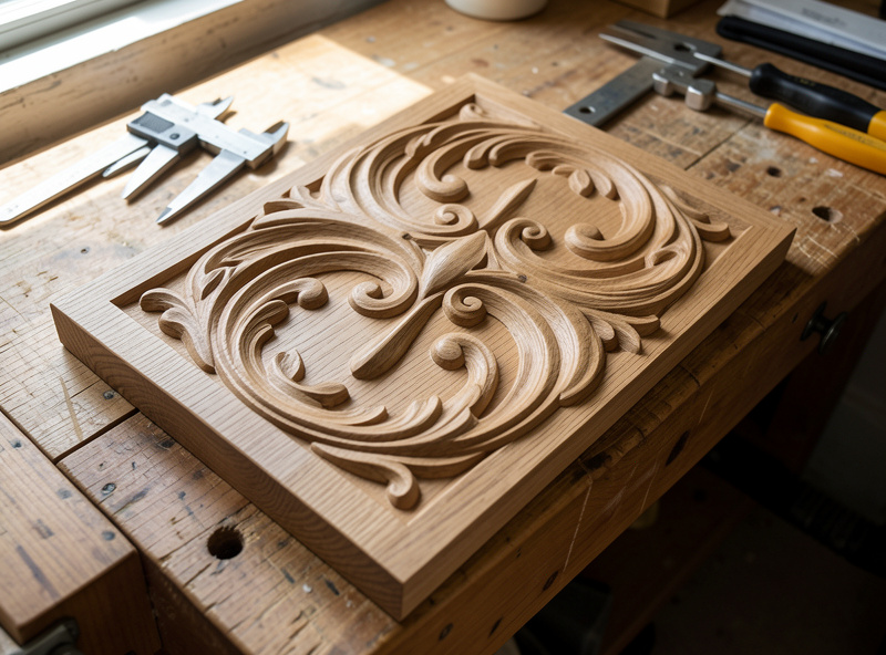 Finished deep 3D relief carving in oak resting on a workbench beside calipers