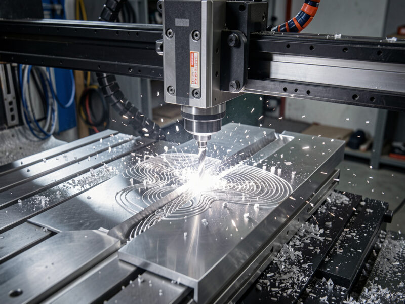 Desktop CNC adaptive clearing a deep slot in aluminum with bright chips
