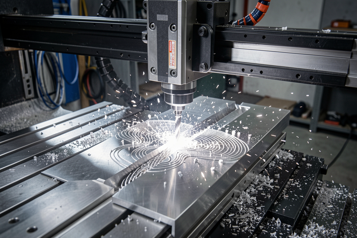Desktop CNC adaptive clearing a deep slot in aluminum with bright chips