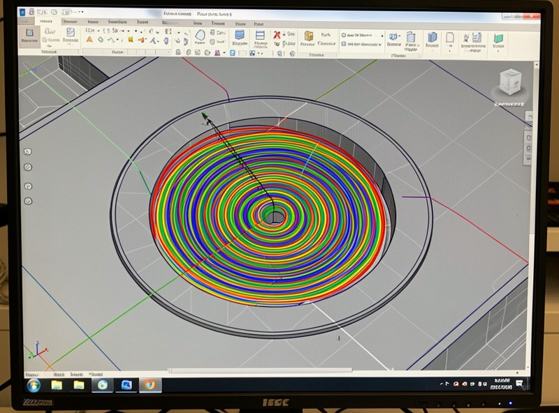 Adaptive clearing toolpath shown as looping arcs clearing a pocket with constant tool engagement