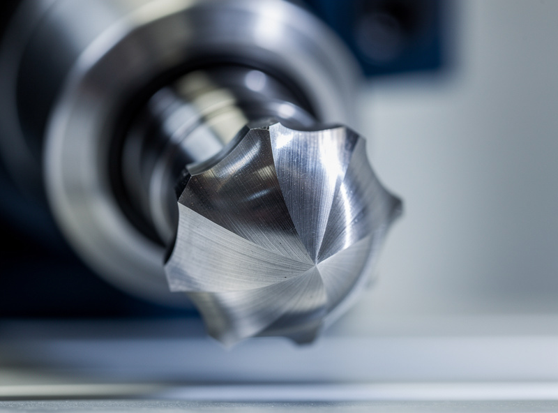 A 1/8 inch ball nose end mill with its hemispherical tip loaded in a desktop CNC spindle