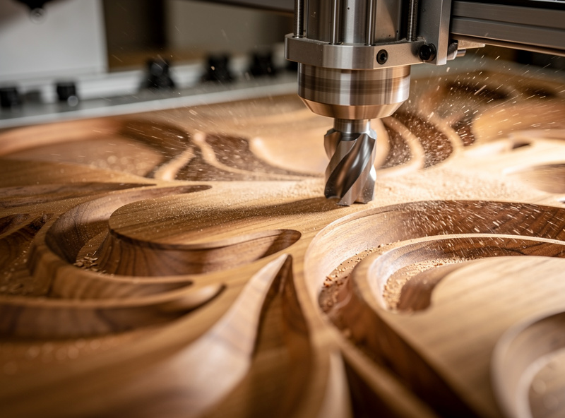 A ball nose end mill sweeping a smooth finishing pass across a 3D wood relief carving
