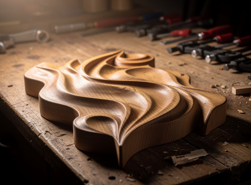 A finished smooth 3D wood relief carving showing the surface quality a ball nose finishing pass produces
