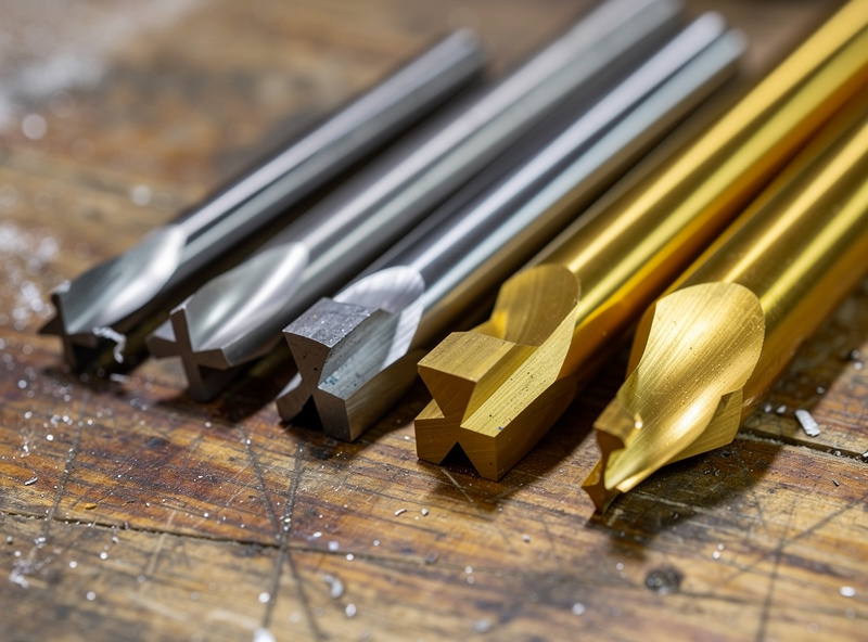 A range of CNC router bits from budget multi-packs to premium coated carbide laid out on a workbench