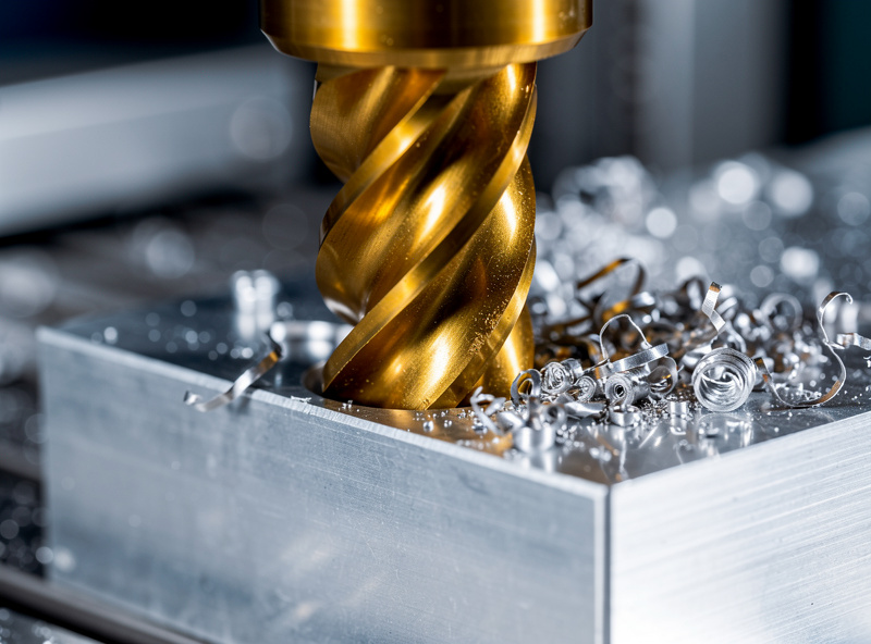 A premium coated carbide end mill cutting a clean edge in aluminum on a desktop CNC