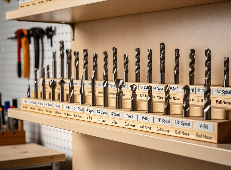 An organized shelf of carefully chosen single CNC router bits rather than a large bargain set