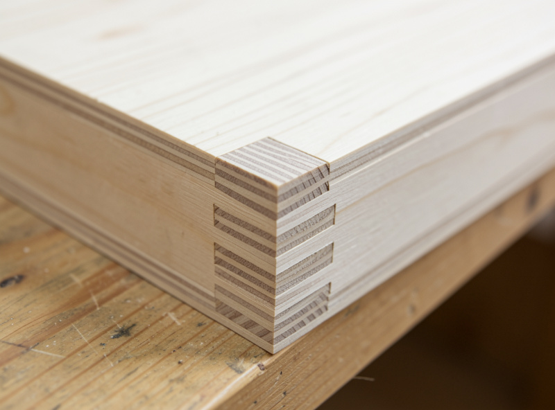 A square box-joint corner assembled in plywood showing tight even fingers and a flat seam