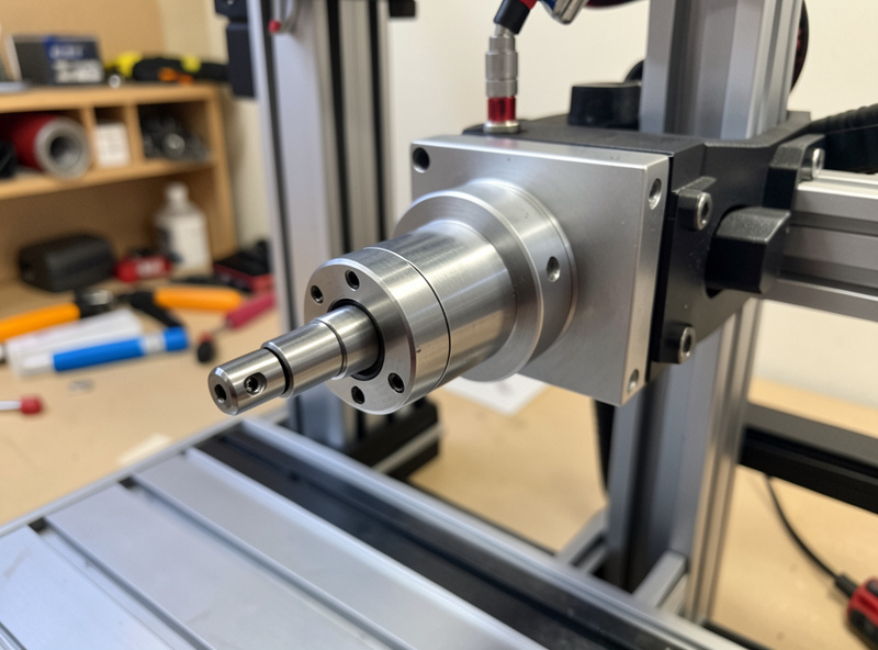 Brushless DC CNC spindle mounted on a small desktop machine gantry