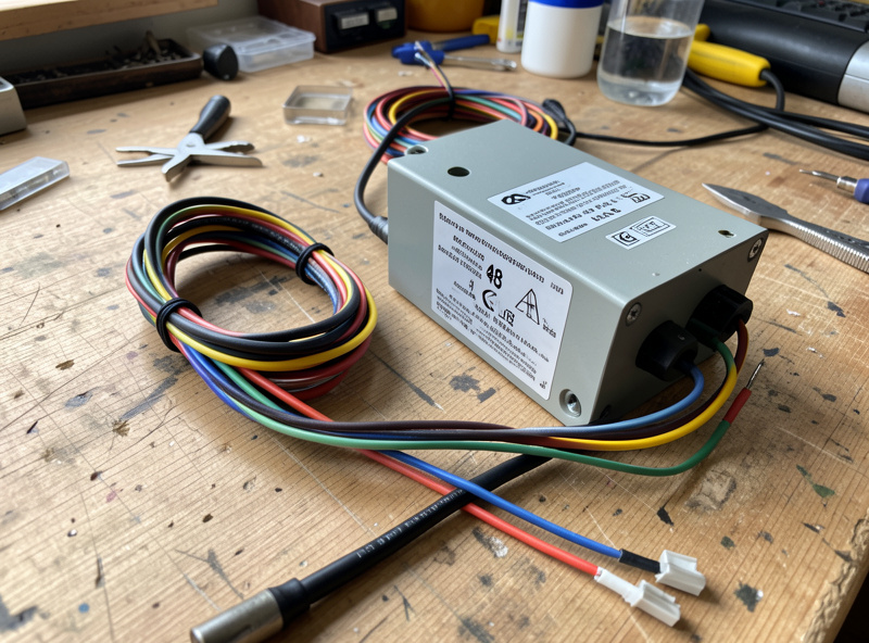 Brushless spindle driver, 48V power supply, and wiring on a workbench