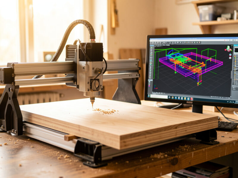 CAM toolpath strategy on a desktop CNC router cutting a wood panel
