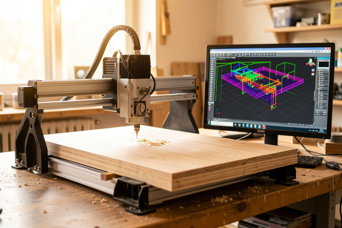 CAM toolpath strategy on a desktop CNC router cutting a wood panel