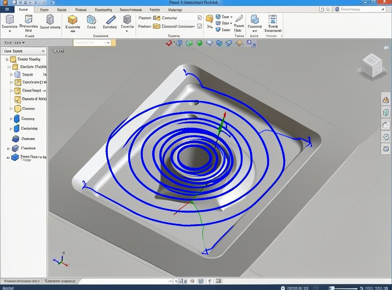 CAM software screen showing a pocket roughing toolpath simulation over a part