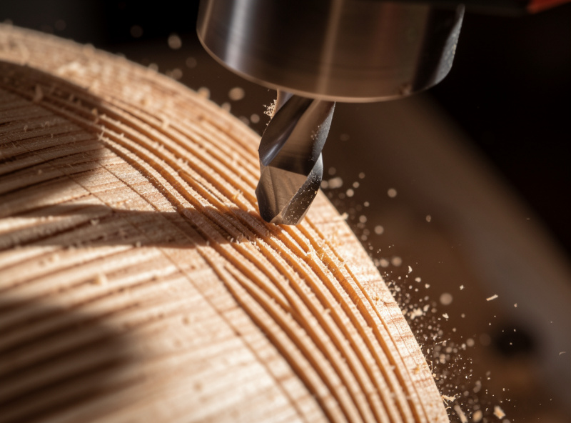 Ball-nose finishing pass leaving fine parallel toolpath lines on a curved wood surface