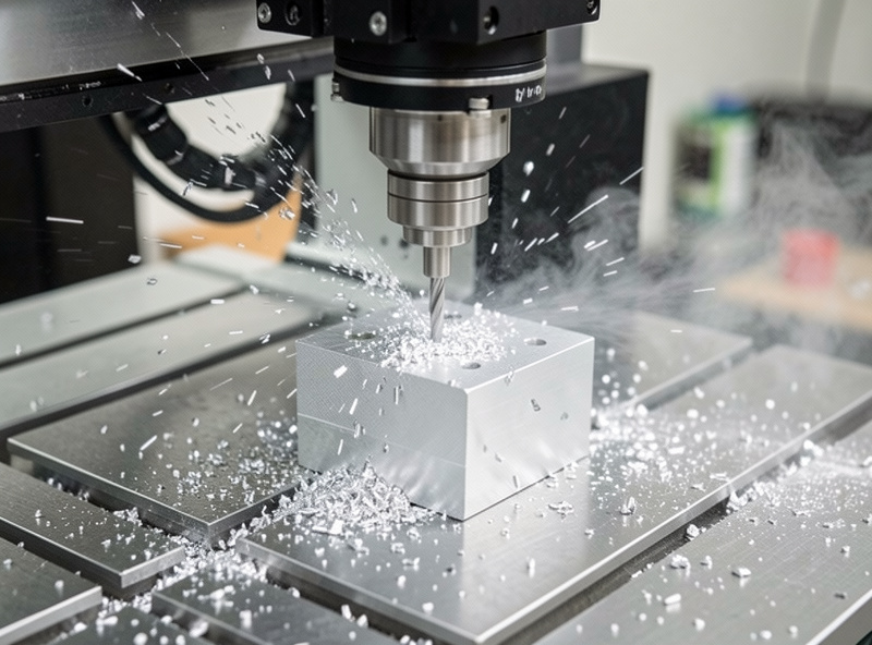 Aluminum part being cut on a desktop CNC with bright chips evacuating from an adaptive toolpath