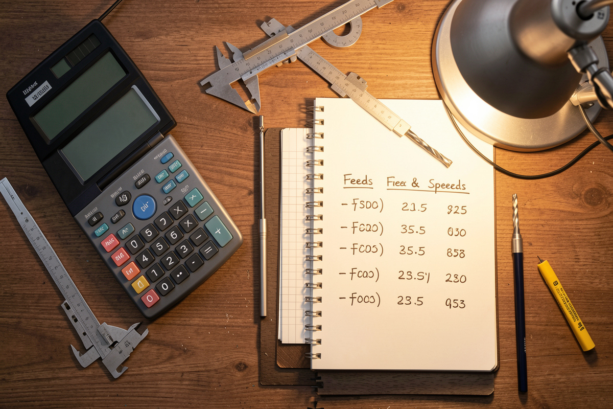 CNC feeds and speeds calculation worksheet with caliper and end mill