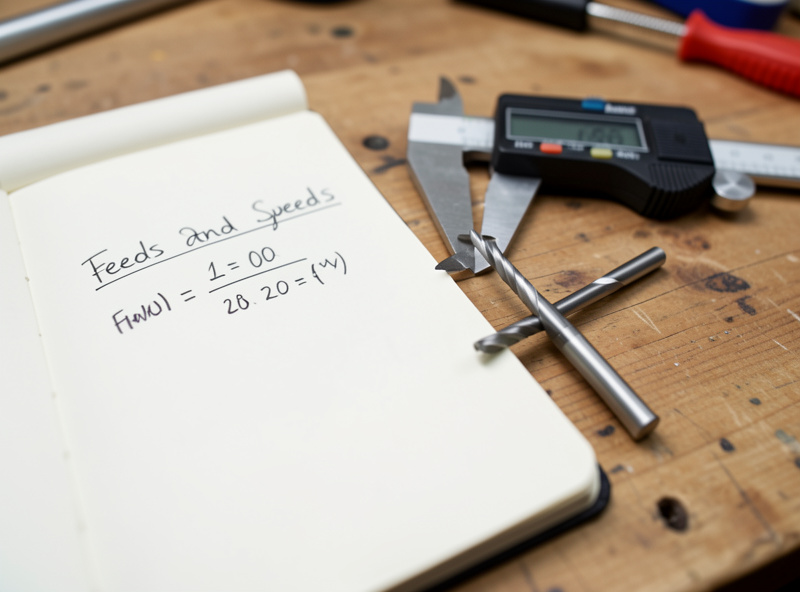 A notebook page with the chipload formula written out next to a caliper and a CNC end mill on a workshop bench