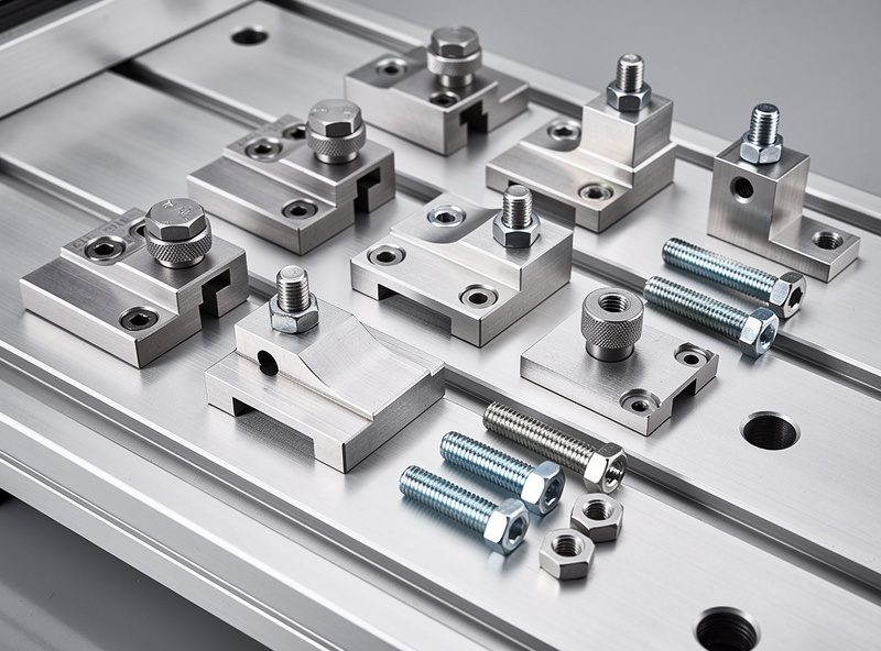 Assorted CNC step clamps, cam clamps, and toe clamps laid out on an aluminum T-track bed