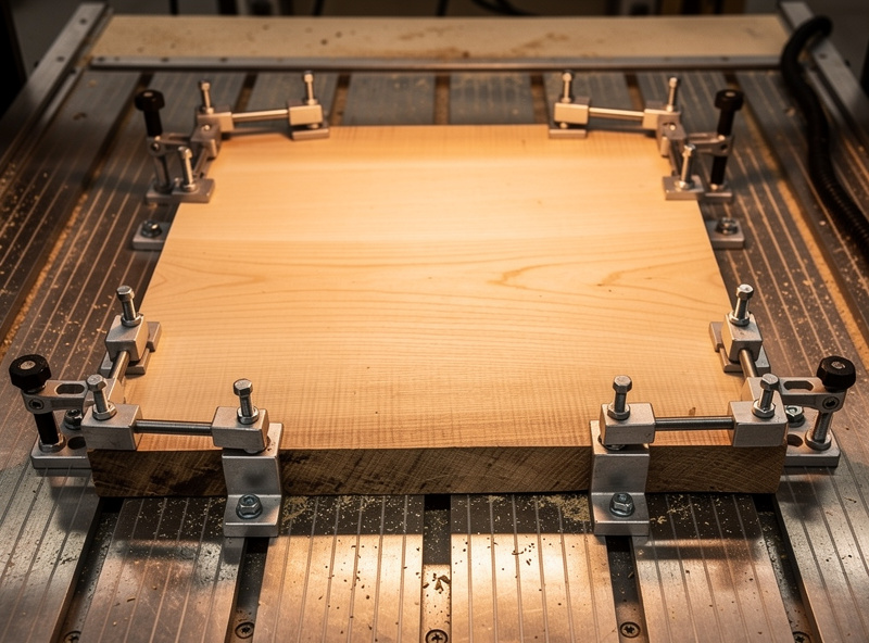 Toe clamps gripping the edge of a wood slab on a CNC bed leaving the entire top surface clear for machining
