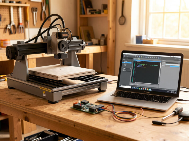 Desktop CNC router workbench with a laptop running G-code sender software and a controller board