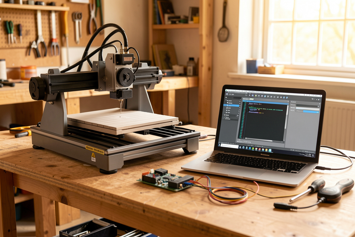 Desktop CNC router workbench with a laptop running G-code sender software and a controller board