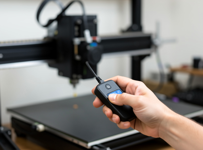 A hand jogging a desktop CNC with a USB control pendant
