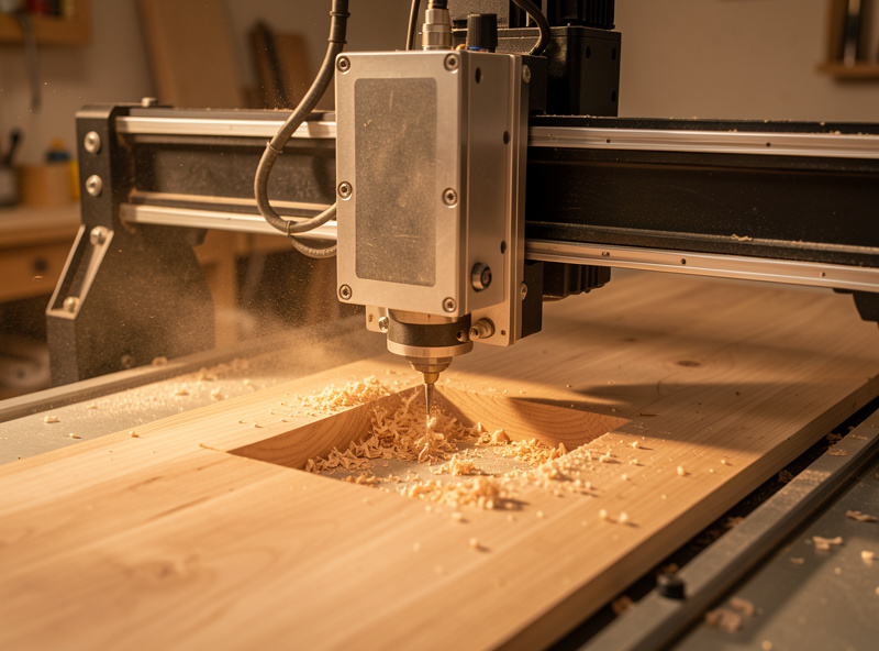 A desktop CNC router carving a pocket in hardwood with chips flying