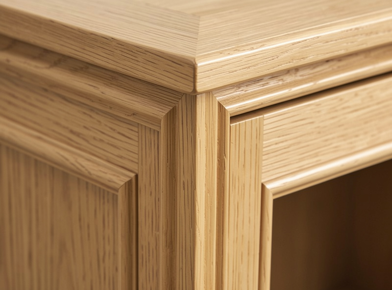 A cope-and-stick cabinet door frame corner showing the profiled rail meeting the stile
