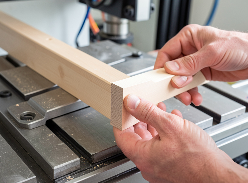 A test corner of a cope-and-stick joint being checked for a clean profile meet on a CNC bench