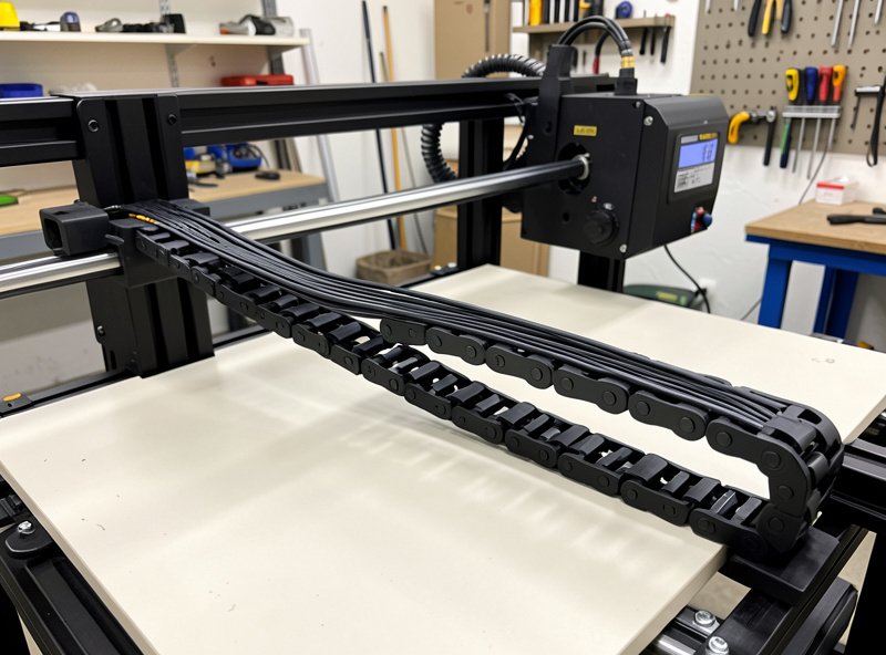 Black plastic drag chain cable carrier routing wires along the X axis of a desktop CNC router gantry
