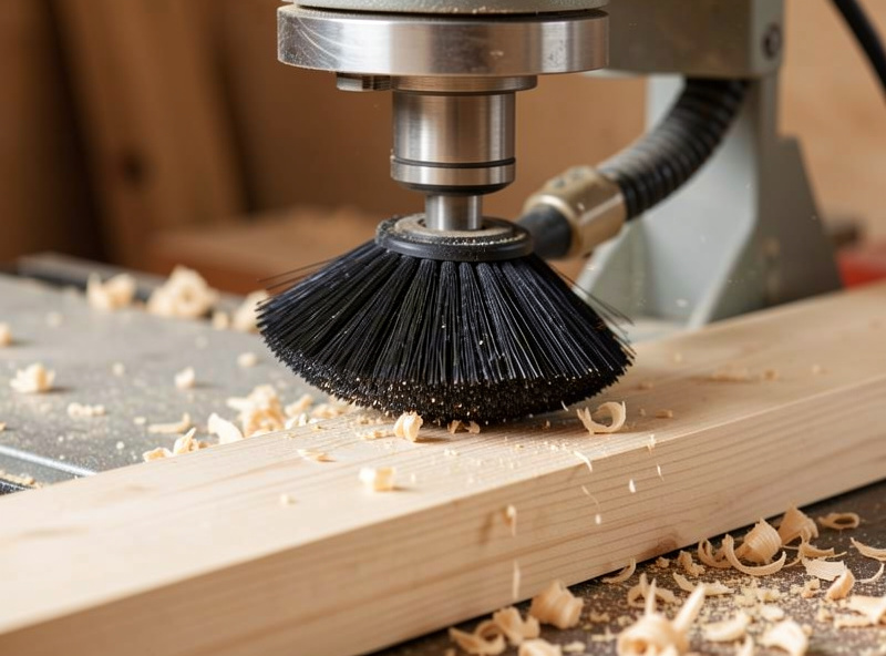CNC dust boot with a black brush skirt mounted around a router spindle pulling chips away from the cut on a wood workpiece