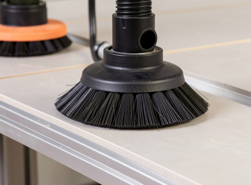 Close-up of a CNC dust boot brush skirt sealing against a flat spoilboard surface with the vacuum hose port visible on top
