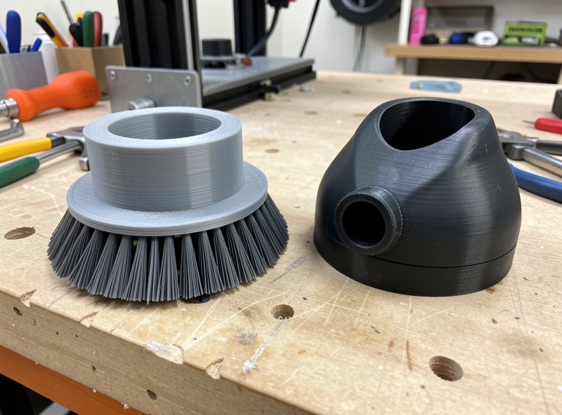 A 3D-printed DIY CNC dust boot next to a commercial dust boot shoe on a workbench showing the brush skirt and vacuum port differences
