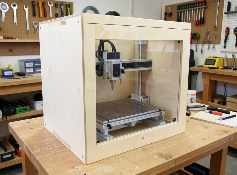 Plywood CNC enclosure with a clear polycarbonate front window enclosing a desktop CNC router in a workshop
