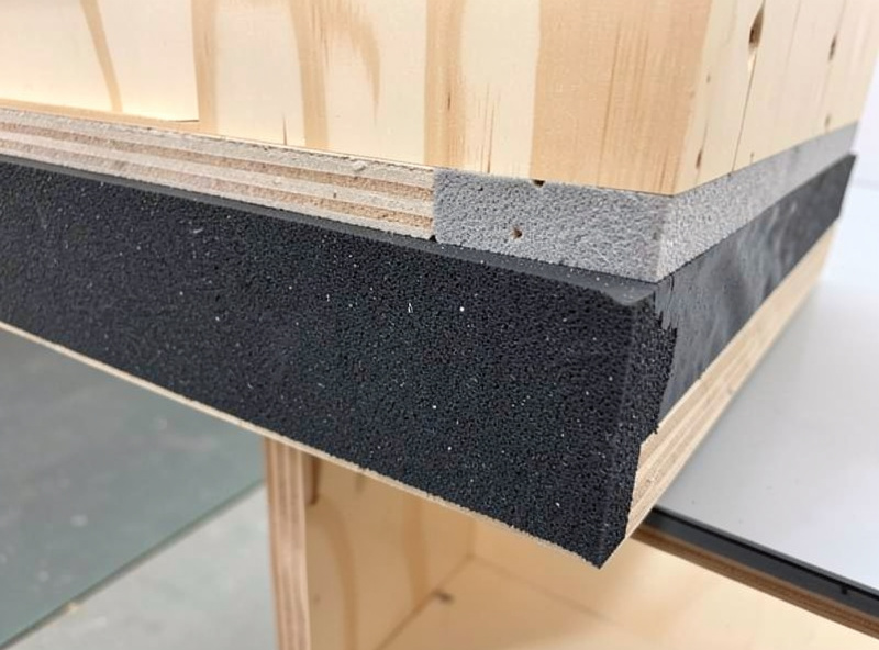 Layered CNC enclosure wall showing plywood structure, mass-loaded vinyl, and acoustic foam liner