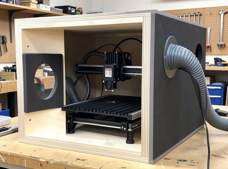 Desktop CNC running quietly inside a finished sound-dampening enclosure with a baffled vent and dust hose pass-through