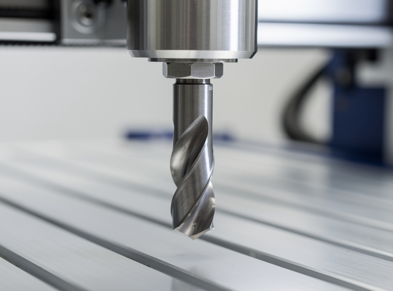 A 1/4 inch two-flute upcut CNC end mill loaded in a desktop router spindle ready to cut