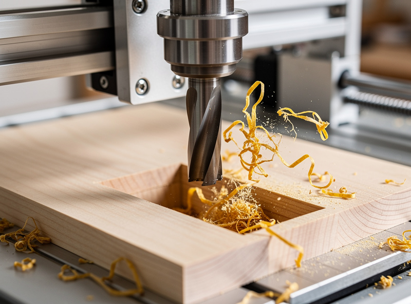 Two-flute end mill cutting a clean-walled pocket in maple with chips evacuating upward