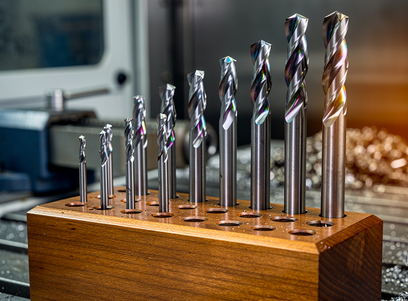 A selection of CNC end mills in different diameters and flute counts organized in a tool holder