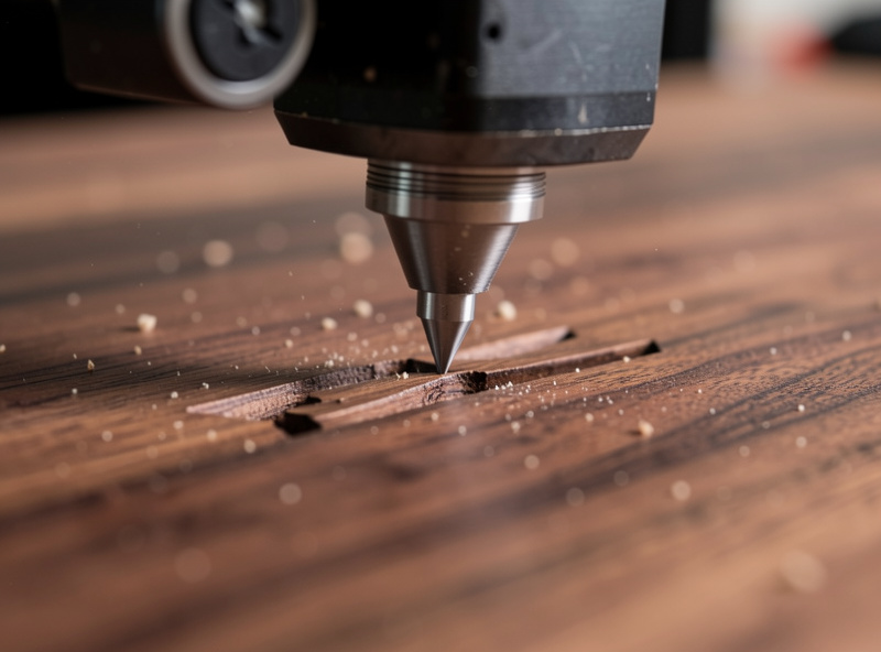 Close-up of a 60-degree V-bit cutting a sharp letter serif into walnut on a desktop CNC router