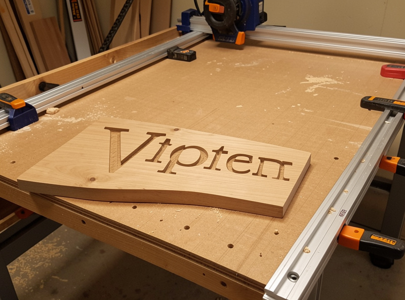 Finished V-carved hardwood sign with crisp serif lettering on a desktop CNC spoilboard