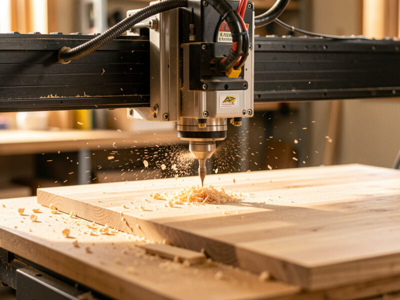 Desktop CNC router cutting a hardwood panel with chips flying, illustrating dialed-in feeds and speeds