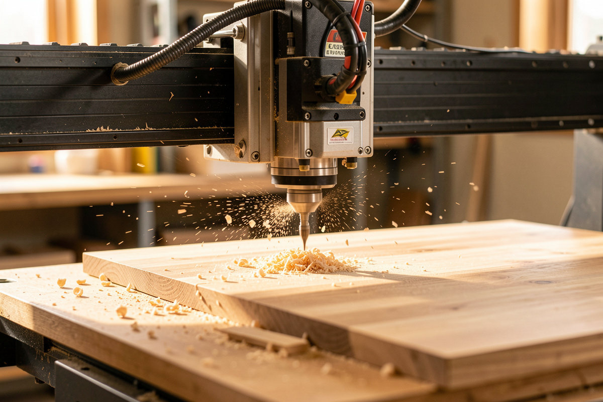 Desktop CNC router cutting a hardwood panel with chips flying, illustrating dialed-in feeds and speeds