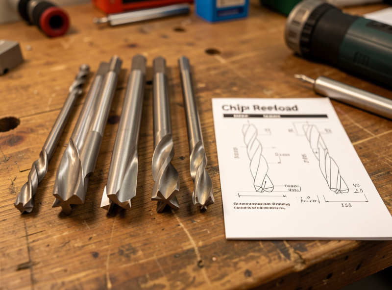 Single-flute and two-flute CNC router bits laid out next to a chipload reference card on a workshop bench