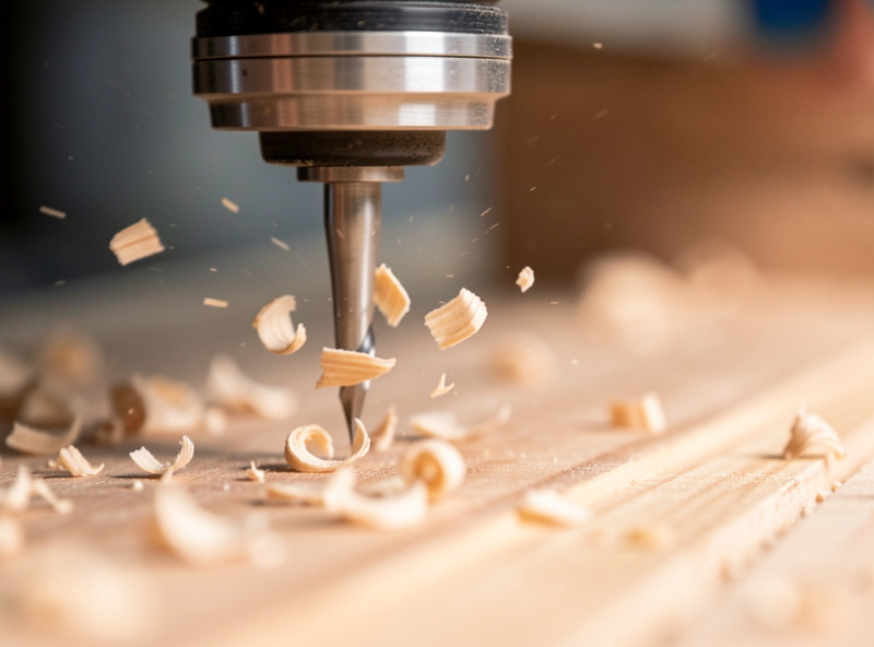 Close-up of clean comma-shaped chips ejected from a CNC cut in hardwood, showing correct chipload