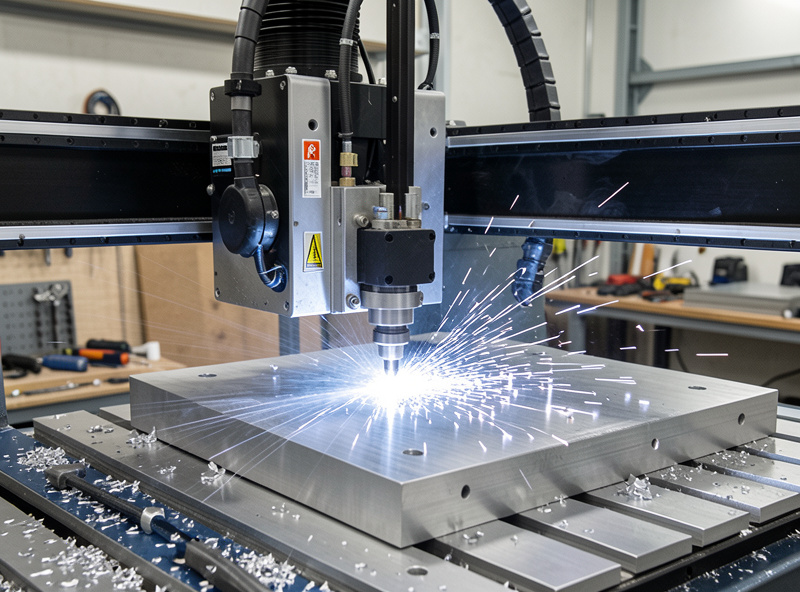 CNC router running an adaptive clearing toolpath in aluminum with an air blast clearing chips