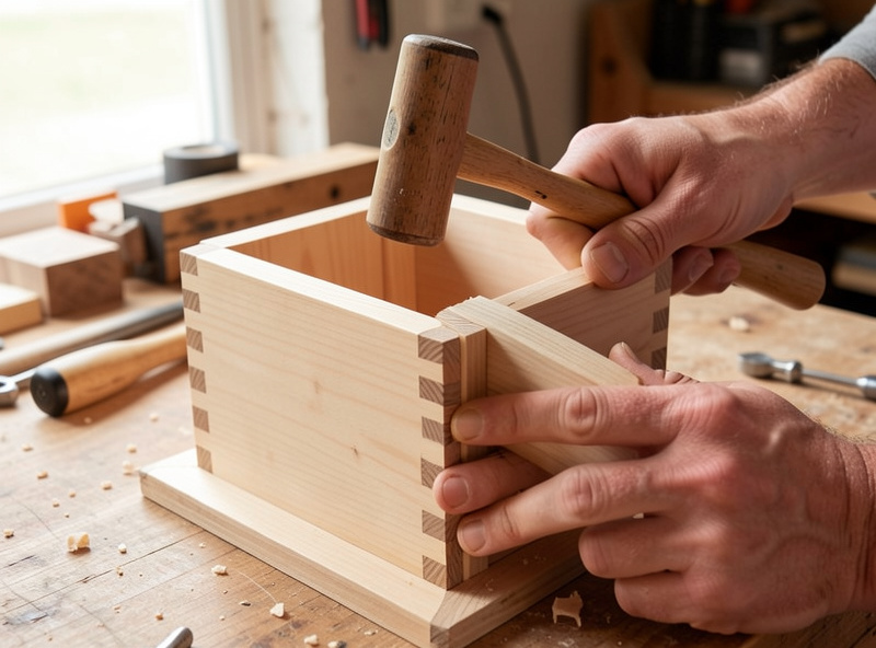 Two CNC-cut finger-jointed boards being tapped together into a square corner with a mallet