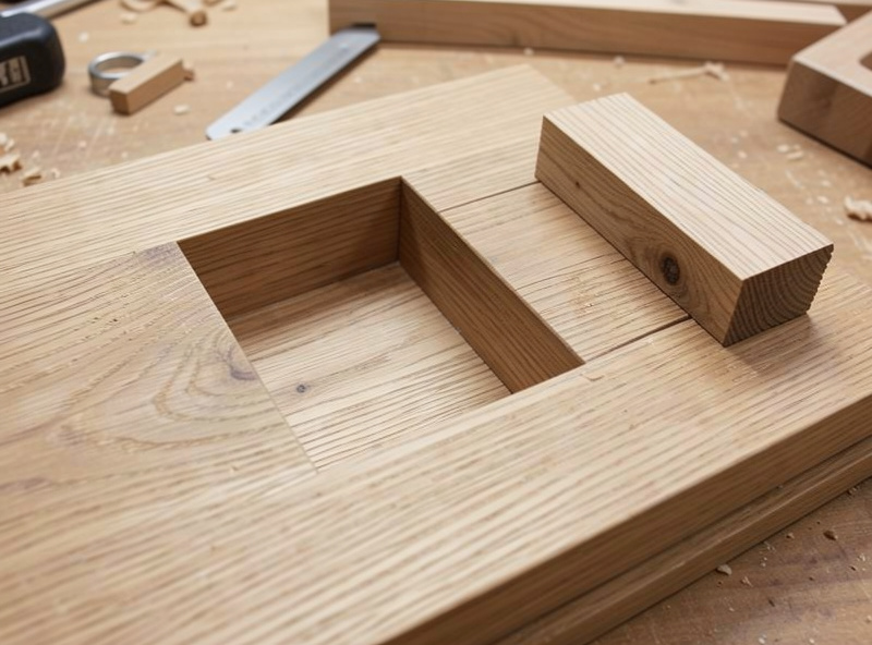 A square-bottomed mortise pocketed by a CNC router next to a matching tenon in oak